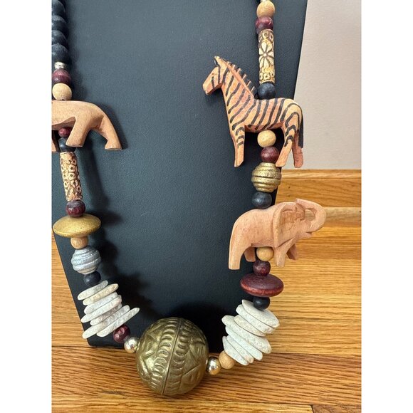 Vintage Safari Animal Themed Beaded Necklace With Brass Sphere Pendant Fetish - Picture 3 of 6